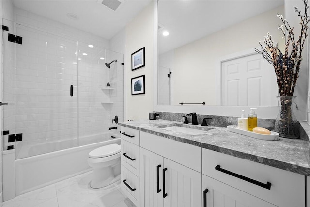 full bath featuring bathtub / shower combination, toilet, visible vents, vanity, and marble finish floor