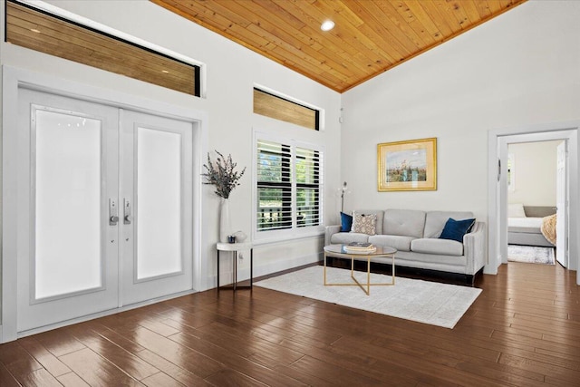 living room with baseboards, wooden ceiling, dark wood-type flooring, french doors, and high vaulted ceiling