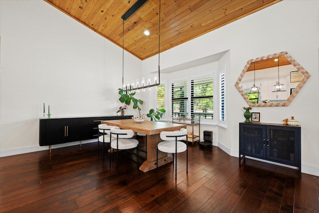 dining room featuring dark wood-type flooring, wood ceiling, high vaulted ceiling, and baseboards