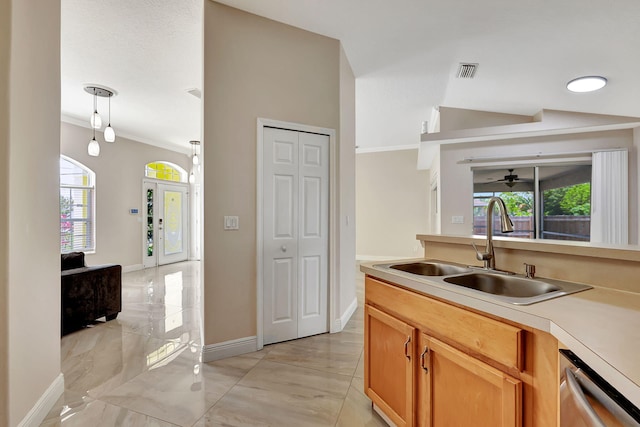 kitchen with sink, decorative light fixtures, a wealth of natural light, and stainless steel dishwasher