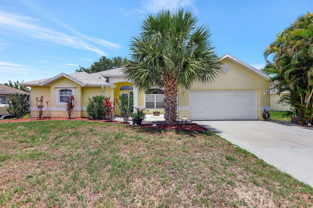 ranch-style home featuring a garage and a front lawn