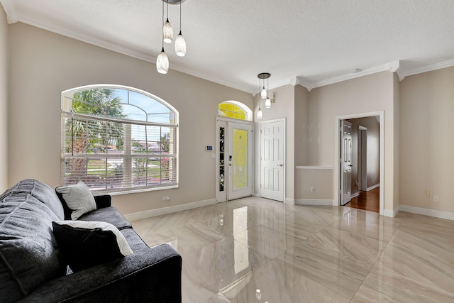 living room with crown molding and a textured ceiling