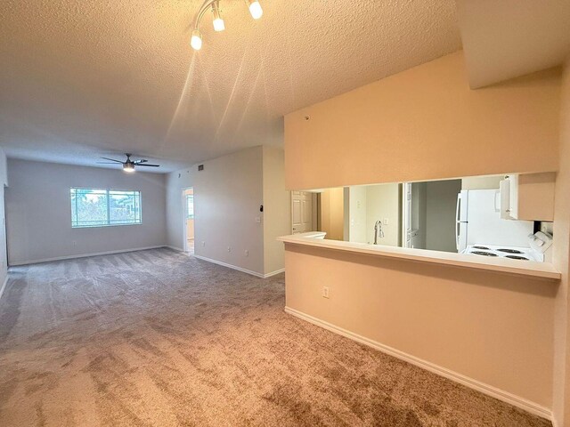 spare room with ceiling fan, carpet floors, sink, and a textured ceiling