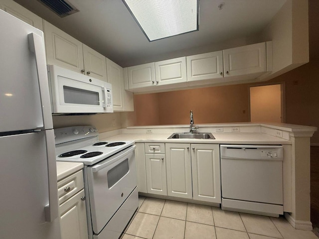 kitchen featuring white cabinetry, sink, white appliances, and kitchen peninsula