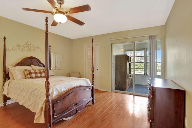 bedroom with ceiling fan, access to outside, and light wood-type flooring