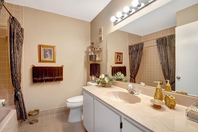 full bathroom with tile patterned flooring, vanity, shower / bath combo, and toilet