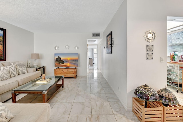 living room featuring a textured ceiling