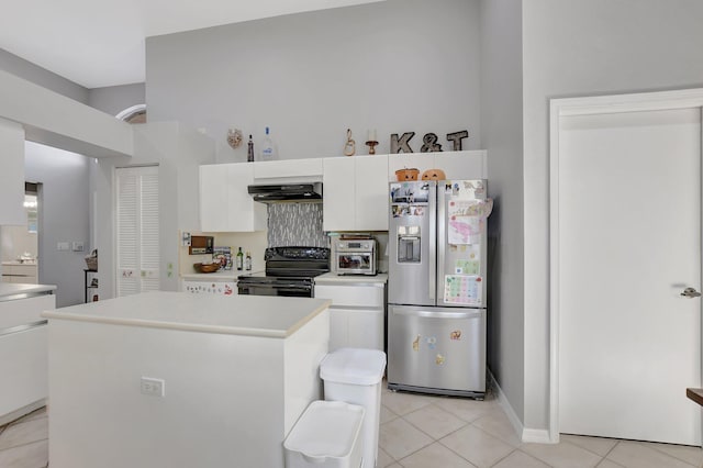 kitchen featuring extractor fan, white cabinetry, stainless steel fridge with ice dispenser, black range with electric cooktop, and a kitchen island