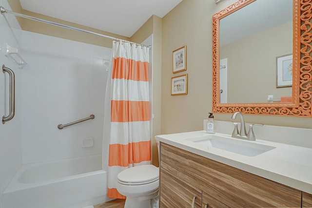 bathroom with vanity, toilet, and shower / bathtub combination with curtain