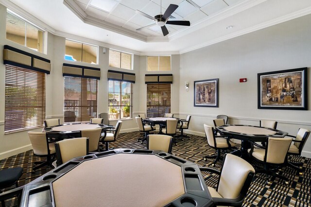 game room with crown molding, carpet, pool table, and a tray ceiling