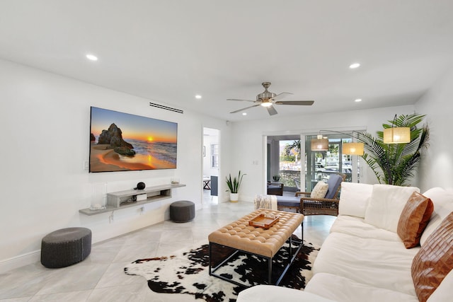 living room featuring ceiling fan