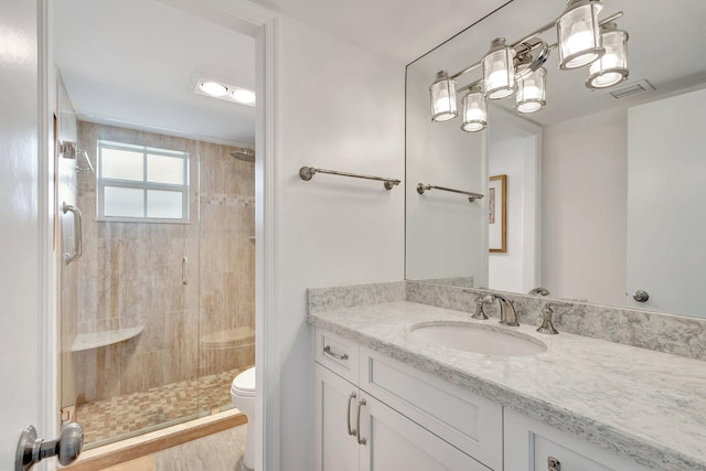 bathroom with vanity, toilet, and an enclosed shower