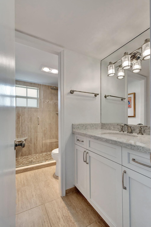 bathroom with vanity, toilet, and walk in shower