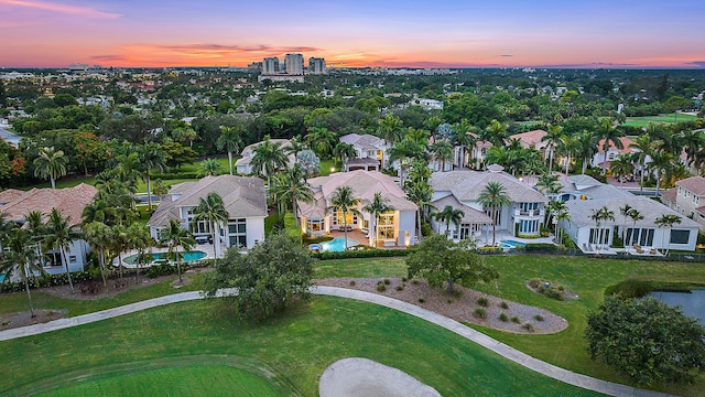 view of aerial view at dusk