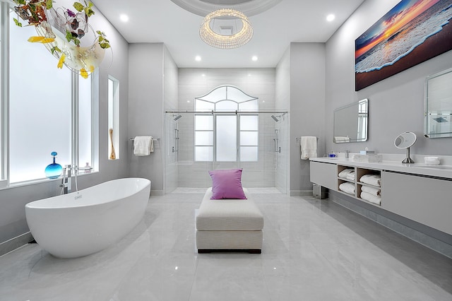 bathroom featuring vanity, plenty of natural light, and plus walk in shower