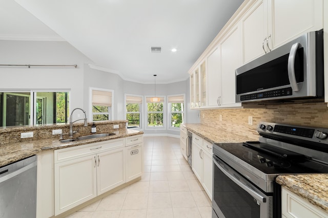 kitchen featuring light stone countertops, crown molding, and stainless steel appliances