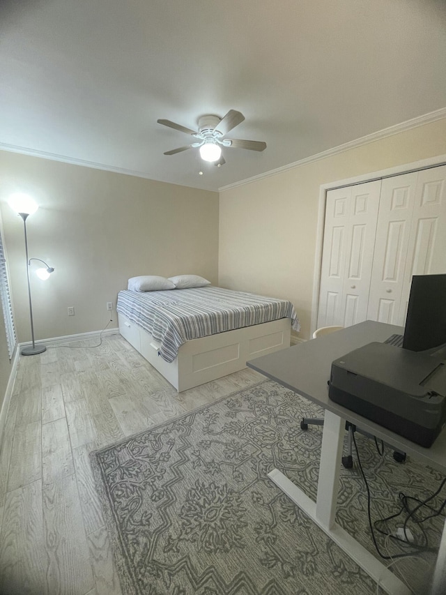 bedroom featuring crown molding, ceiling fan, light hardwood / wood-style floors, and a closet