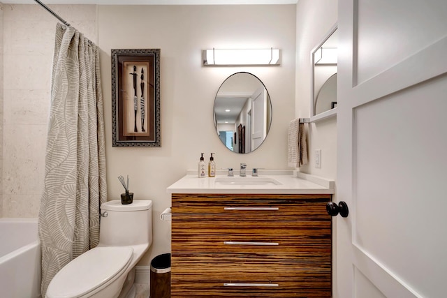 full bath with vanity, toilet, and shower / bathtub combination with curtain