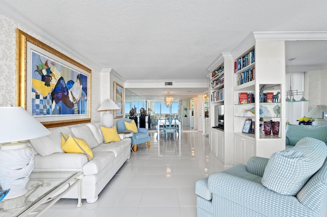 living room with crown molding, light tile patterned floors, and a textured ceiling