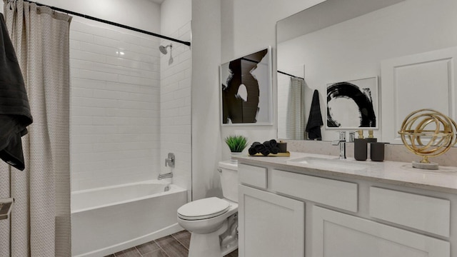 full bathroom featuring hardwood / wood-style flooring, shower / tub combo with curtain, vanity, and toilet