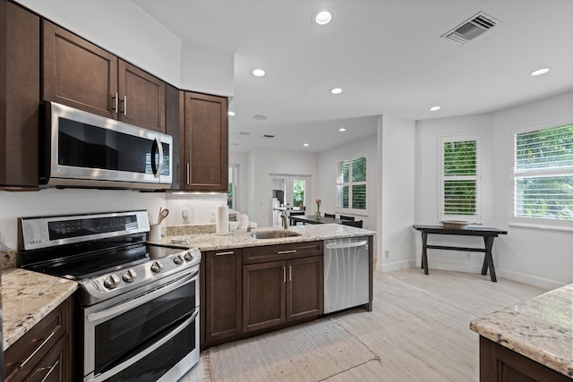 kitchen featuring stainless steel appliances, recessed lighting, visible vents, a sink, and dark brown cabinets