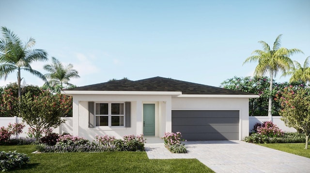 ranch-style home with decorative driveway, fence, a garage, and stucco siding