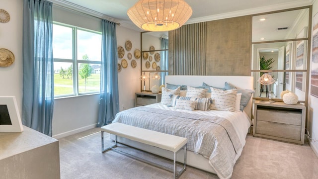 carpeted bedroom with visible vents, a notable chandelier, recessed lighting, crown molding, and baseboards