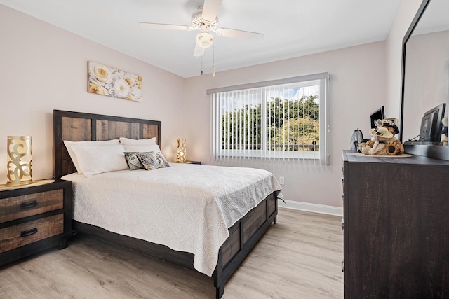 bedroom featuring ceiling fan and light hardwood / wood-style flooring