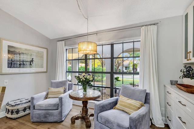 living area featuring wood-type flooring and vaulted ceiling