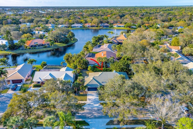 aerial view featuring a water view