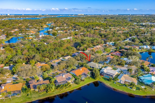 drone / aerial view with a water view