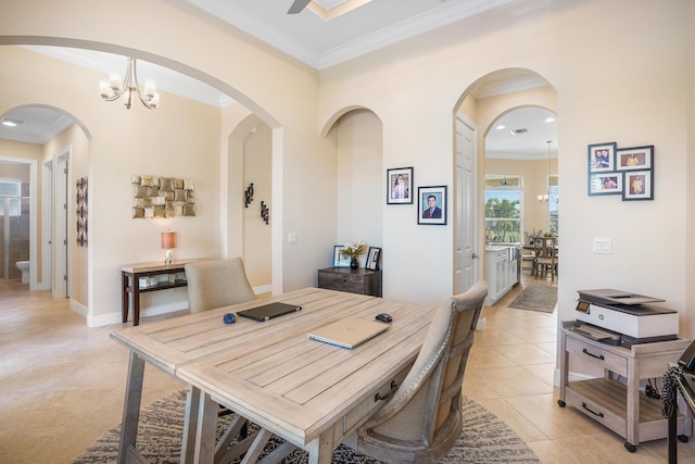 dining area featuring crown molding, an inviting chandelier, and light tile patterned floors