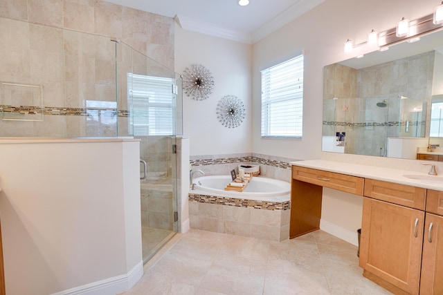 bathroom with ornamental molding, plus walk in shower, tile patterned flooring, and vanity