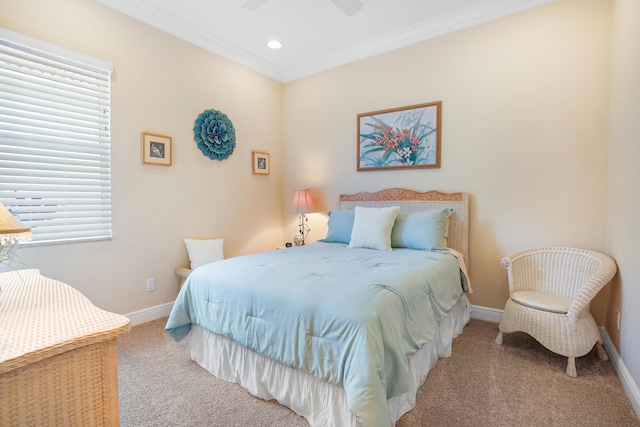 bedroom featuring crown molding and carpet floors