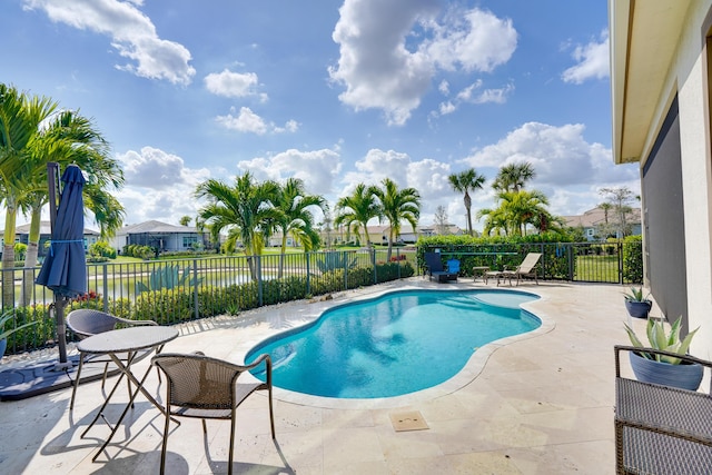 view of pool with a patio area and a water view