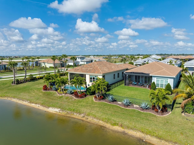 drone / aerial view featuring a water view