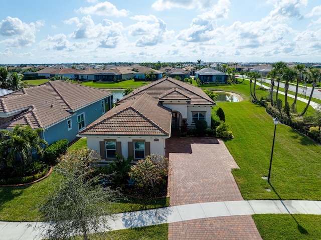 aerial view featuring a water view