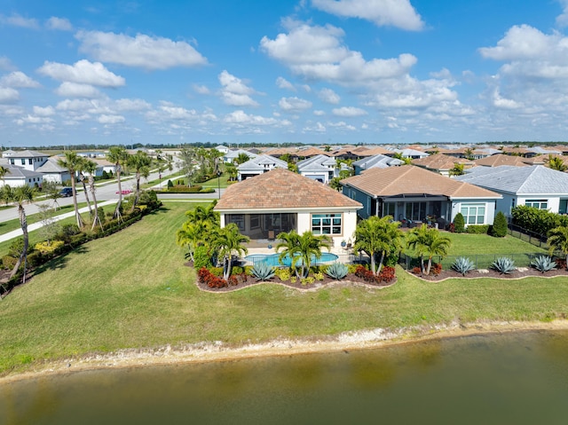 aerial view featuring a water view