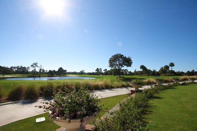 view of community with a water view and a lawn