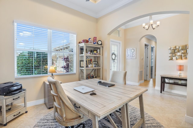 office featuring an inviting chandelier, light tile patterned floors, and crown molding