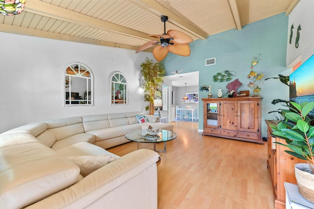 living room with ceiling fan, wooden ceiling, lofted ceiling with beams, and light wood-type flooring