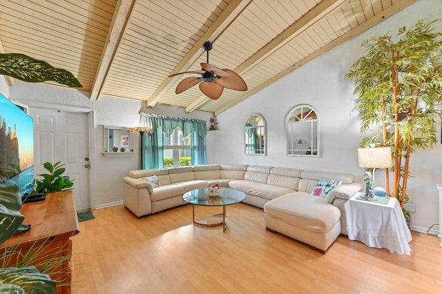 living room with hardwood / wood-style flooring, ceiling fan, high vaulted ceiling, wooden ceiling, and beamed ceiling