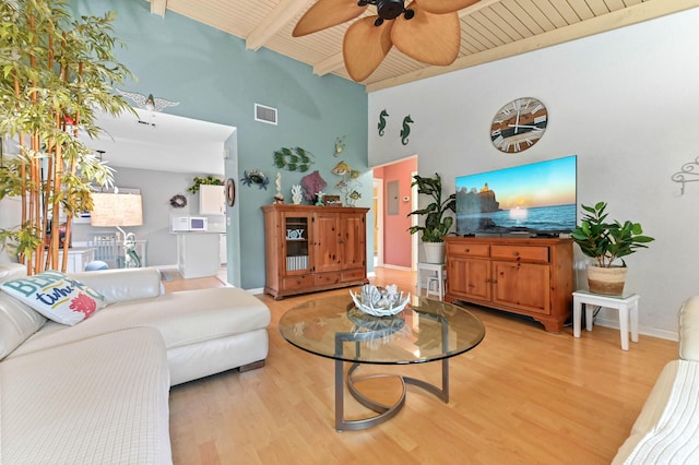 living room featuring beamed ceiling, ceiling fan, wooden ceiling, and light hardwood / wood-style floors