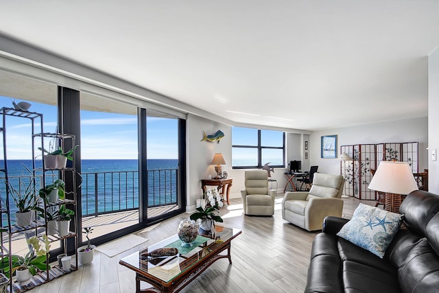 living room featuring light hardwood / wood-style flooring, floor to ceiling windows, and a water view