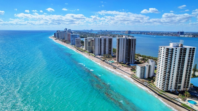 bird's eye view featuring a water view and a view of the beach