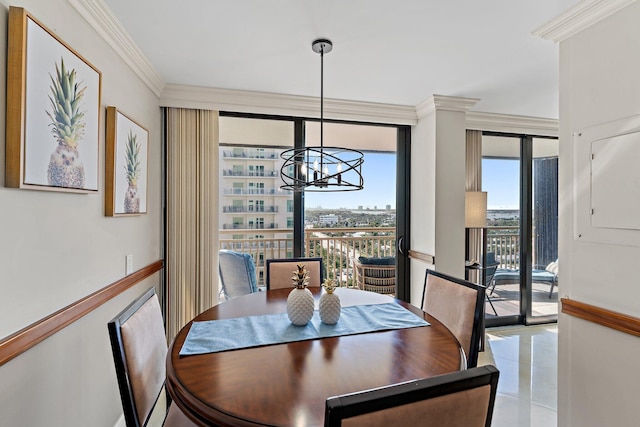 dining room featuring crown molding, floor to ceiling windows, light tile patterned flooring, and a chandelier