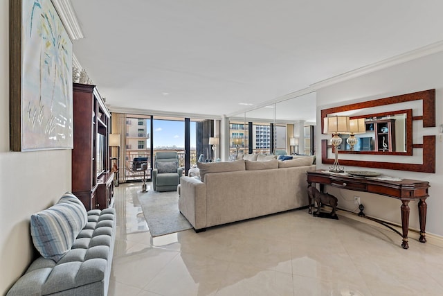 tiled living room with expansive windows