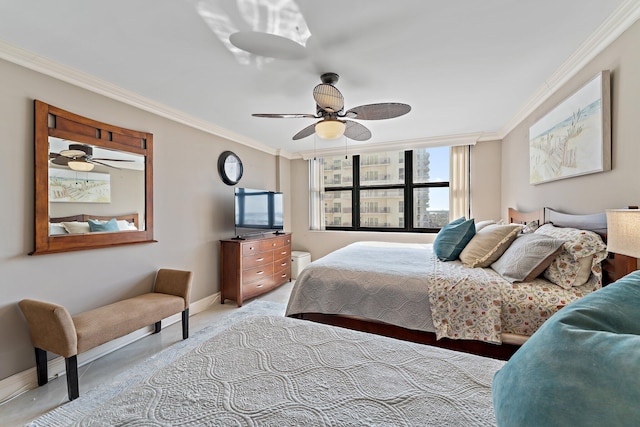 bedroom with ornamental molding, light colored carpet, and ceiling fan