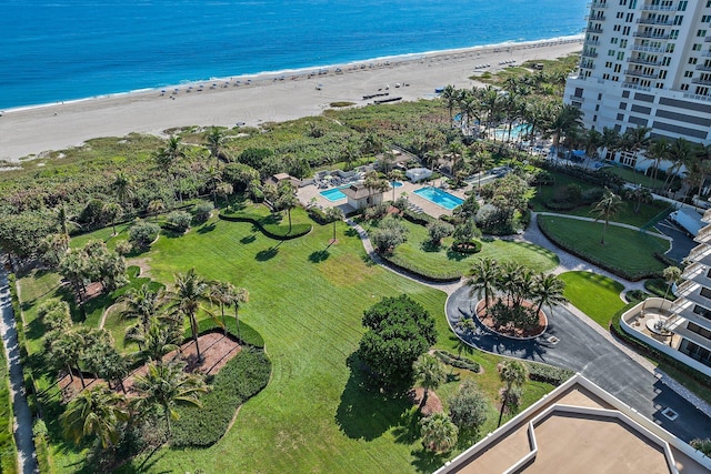 aerial view featuring a beach view and a water view