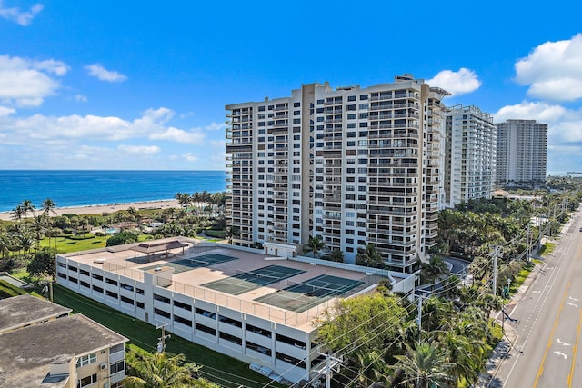 exterior space with a water view